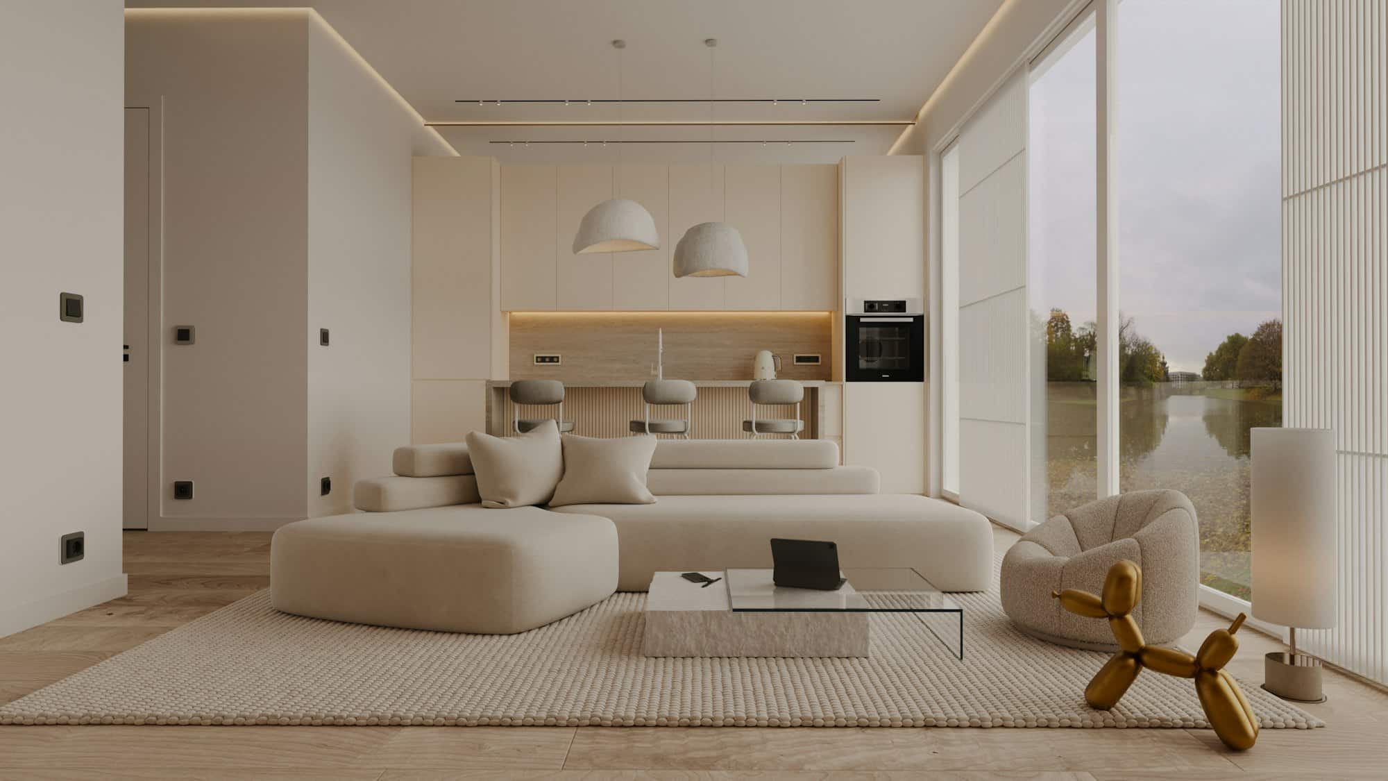 Séjour contemporain aux tons clairs ouvert sur une grande baie vitrée