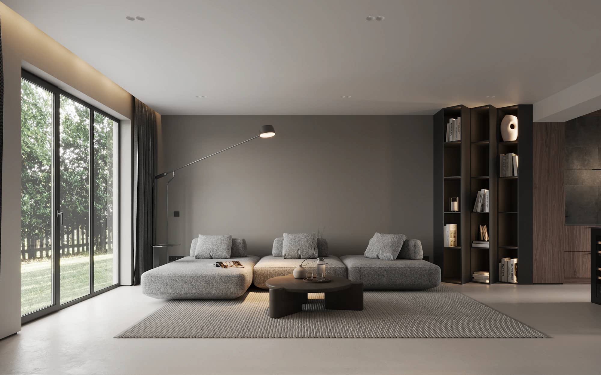 Séjour contemporain très clair, ouvert sur une grande baie vitrée
