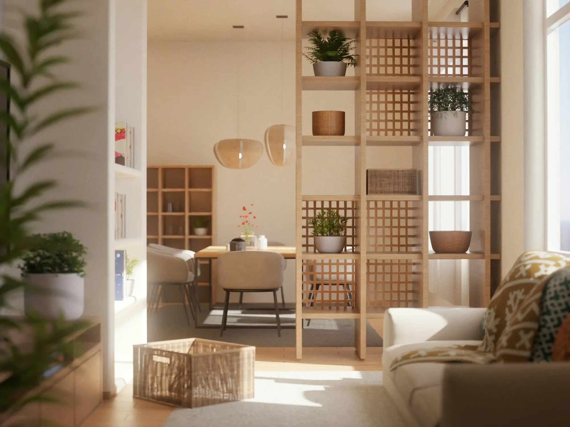 Séjour contemporain aux accents de bois clair, baigné de lumière naturelle