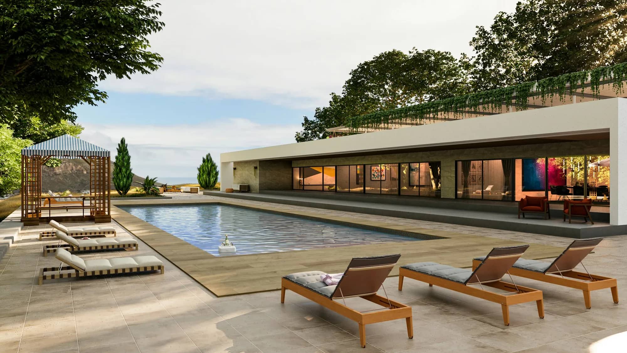Façade d’une villa contemporaine et sa terrasse, en lumière dorée