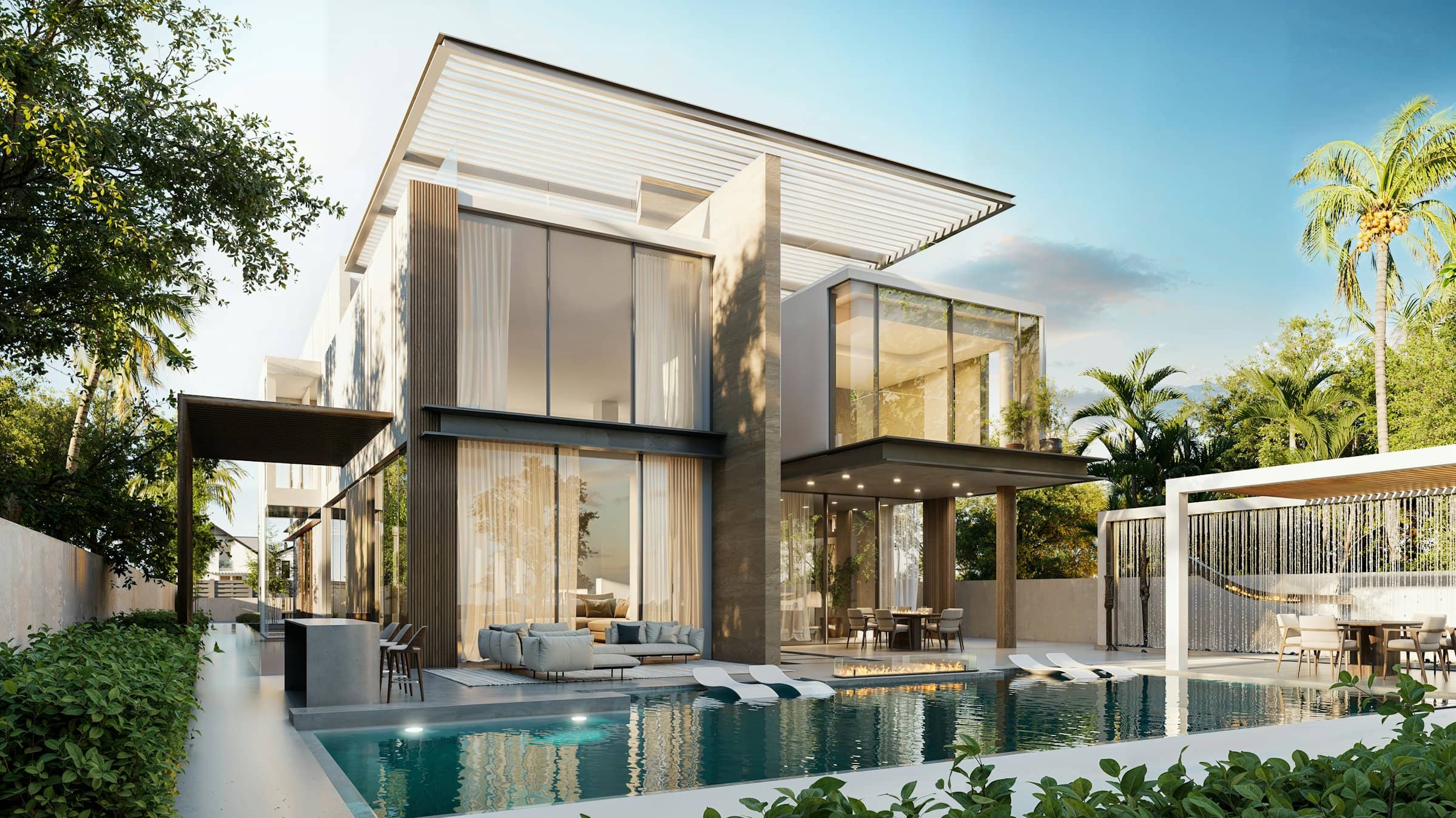 Terrasse d’une villa contemporaine et sa piscine, face au paysage