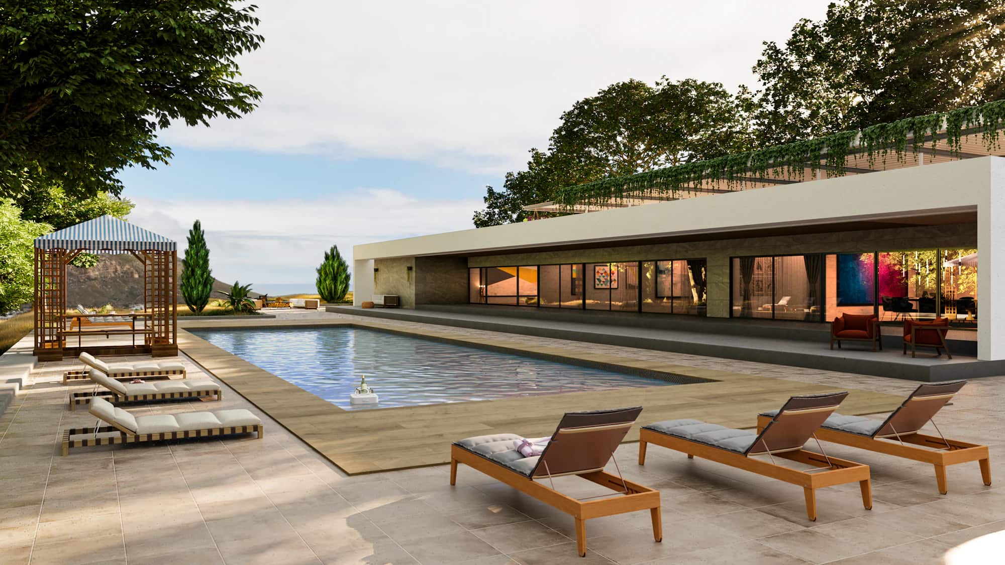 Villa contemporaine et sa longue piscine, transats de bois alignés face au paysage